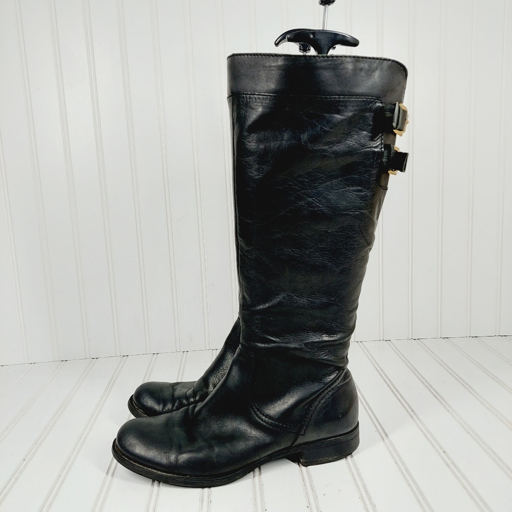 Guess Hanna Black Leather Buckle Calf Side Zip Tall Boots H114